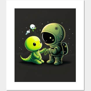 Cute Alien and an astronaut standing together Posters and Art